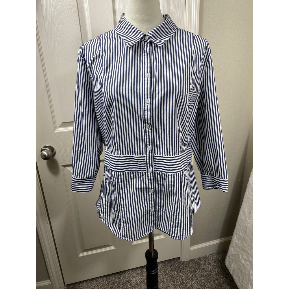 7th Avenue Striped Button Down Top 3/4 Sleeve Career Blouse XL Coastal Cool